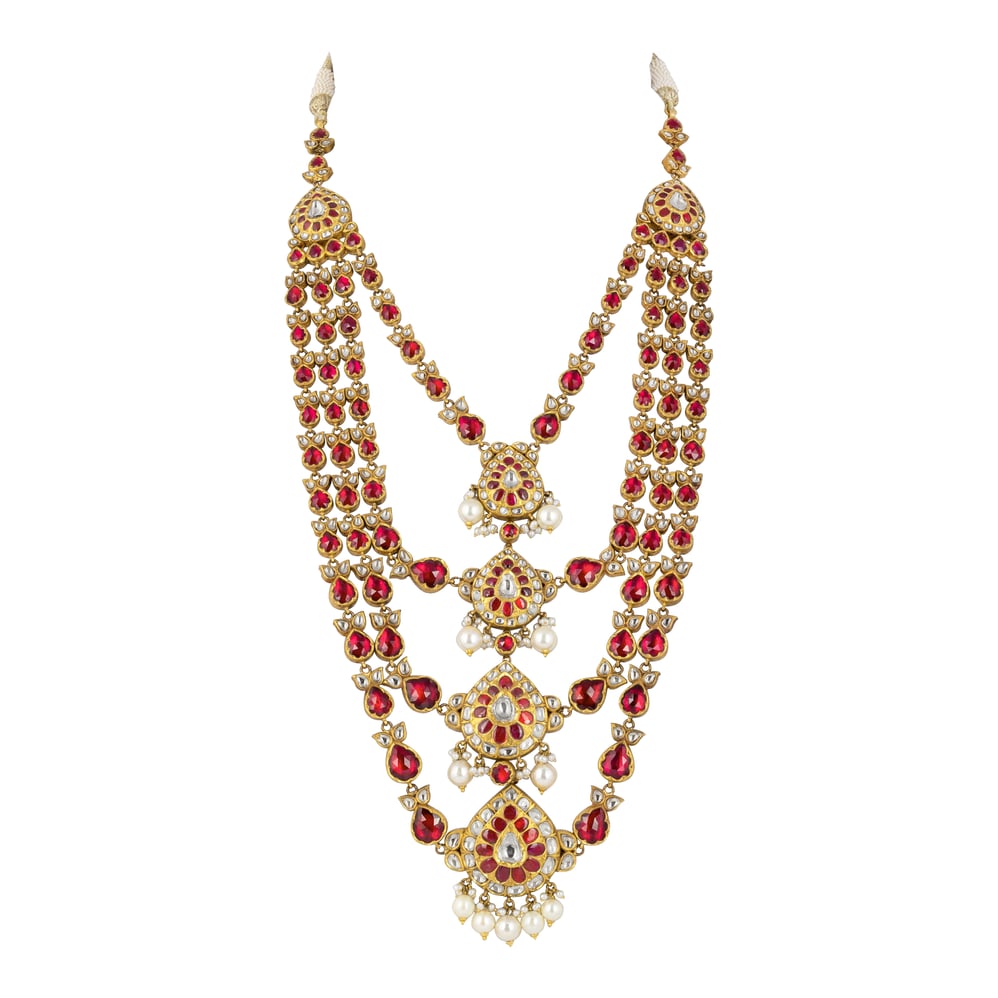 Quad Layer Necklace with Red Stones, Uncut Diamonds & Pearl Drops